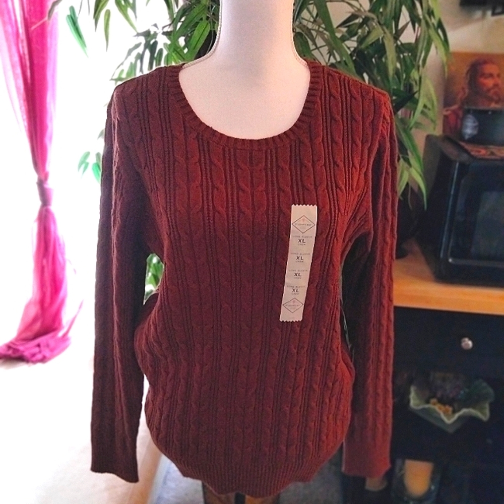 BRAND NEW CABLE KNIT SWEATER, BROWN, SIZE XL